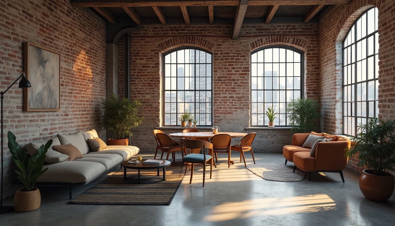 Prompt: Industrial-chic loft, exposed brick walls, textured concrete surfaces, metal beams, reclaimed wood accents, urban cityscape views, large industrial windows, modern minimalist decor, soft warm lighting, shallow depth of field, 3/4 composition, realistic rough textures, ambient occlusion.