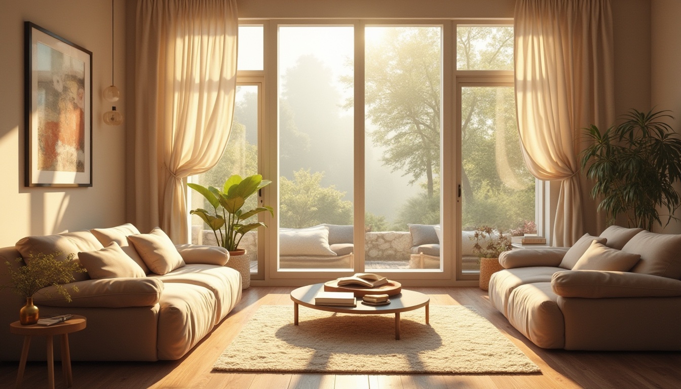 Prompt: Vibrant living room, floor-to-ceiling windows, warm natural light, soft diffused illumination, cozy reading nook, comfortable sofas, wooden flooring, minimalist decor, subtle color palette, airy atmosphere, elegant curtains, sheer fabrics, 1/1 composition, shallow depth of field, soft focus, realistic textures.