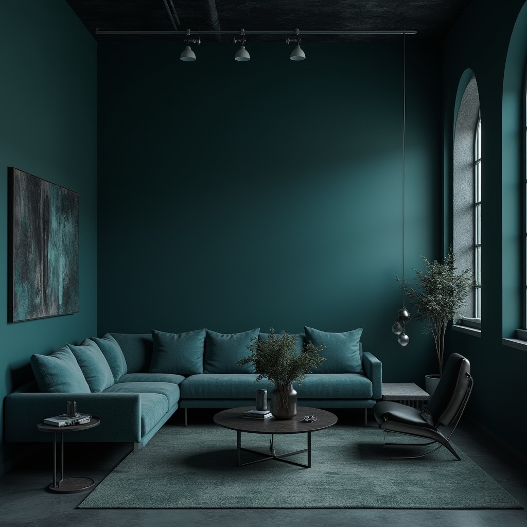 Prompt: Moody dark cyan walls, sleek modern furniture, metallic accents, minimalist decor, urban loft atmosphere, industrial chic lighting, concrete floors, geometric patterns, abstract art pieces, monochromatic color scheme, rich textures, atmospheric mist, dramatic shadows, cinematic composition, 1/1 ratio, low-key lighting, desaturated colors.