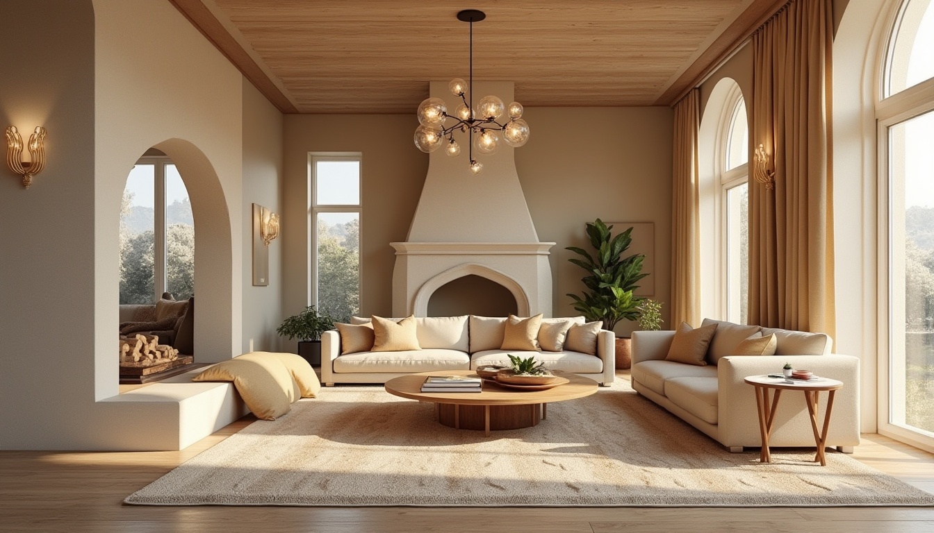 Prompt: Cozy living room, warm beige walls, comfortable sofas, plush cushions, wooden coffee tables, elegant chandeliers, soft cream-colored carpets, natural stone fireplaces, large windows, abundant natural light, airy atmosphere, minimalist decor, modern furniture, vibrant accent colors, geometric patterns, textured rugs, metallic accents, soft warm lighting, 1/1 composition, realistic textures, ambient occlusion.