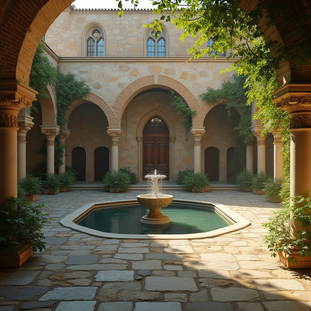 Prompt: Serene monastery courtyard, rustic stone walls, tranquil water features, ornate fountains, grand wooden doors, stained glass windows, vaulted ceilings, elegant archways, refined Renaissance details, warm beige stonework, lush greenery, peaceful cloisters, soft natural lighting, gentle morning sun, shallow depth of field, 2/3 composition, symmetric framing, realistic textures, ambient occlusion.