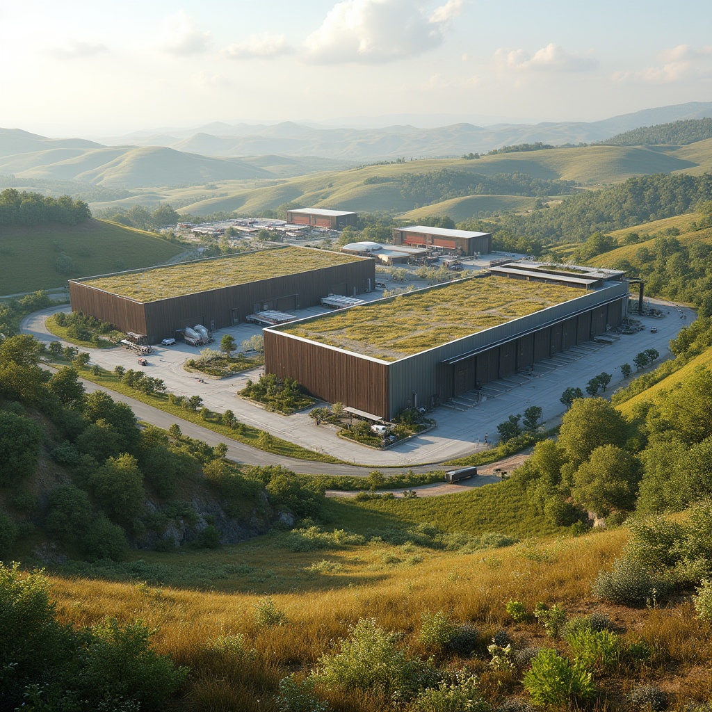 Prompt: Rustic distribution center, natural landscape integration, rolling hills, green roofs, native plants, wildflowers, meandering walkways, weathered steel fa\u00e7ade, industrial chic architecture, large loading docks, modern logistics facilities, overhead crane systems, sleek metal cladding, energy-efficient systems, rainwater harvesting, grey water reuse, permeable pavement, stormwater management, biodiversity conservation, ecological restoration, soft natural lighting, warm earthy tones, 3/4 composition, shallow depth of field, realistic textures, ambient occlusion.