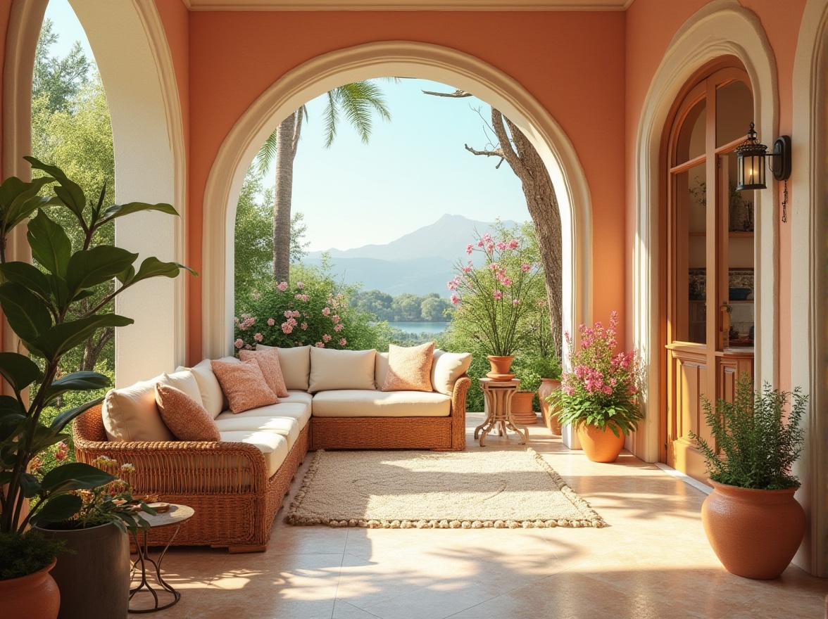 Prompt: Soft peach walls, creamy white trim, warm beige flooring, lush greenery, natural wood accents, calming blue skies, sunny days, gentle breeze, cozy outdoor seating, woven wicker furniture, vibrant floral arrangements, earthy terracotta pots, serene water features, soft warm lighting, 1/2 composition, intimate close-ups, realistic textures, ambient occlusion.