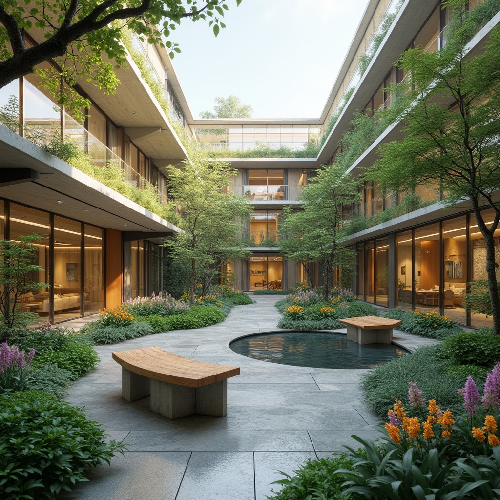 Prompt: Soothing healthcare center courtyard, lush greenery, tranquil water features, walking paths, seating areas, natural stone paving, wooden benches, vibrant flower arrangements, calming color schemes, abundant natural light, floor-to-ceiling windows, modern minimalist architecture, curved lines, organic shapes, eco-friendly materials, sustainable design principles, energy-efficient systems, rooftop gardens, green roofs, panoramic views, soft warm lighting, shallow depth of field, 3/4 composition, realistic textures, ambient occlusion.