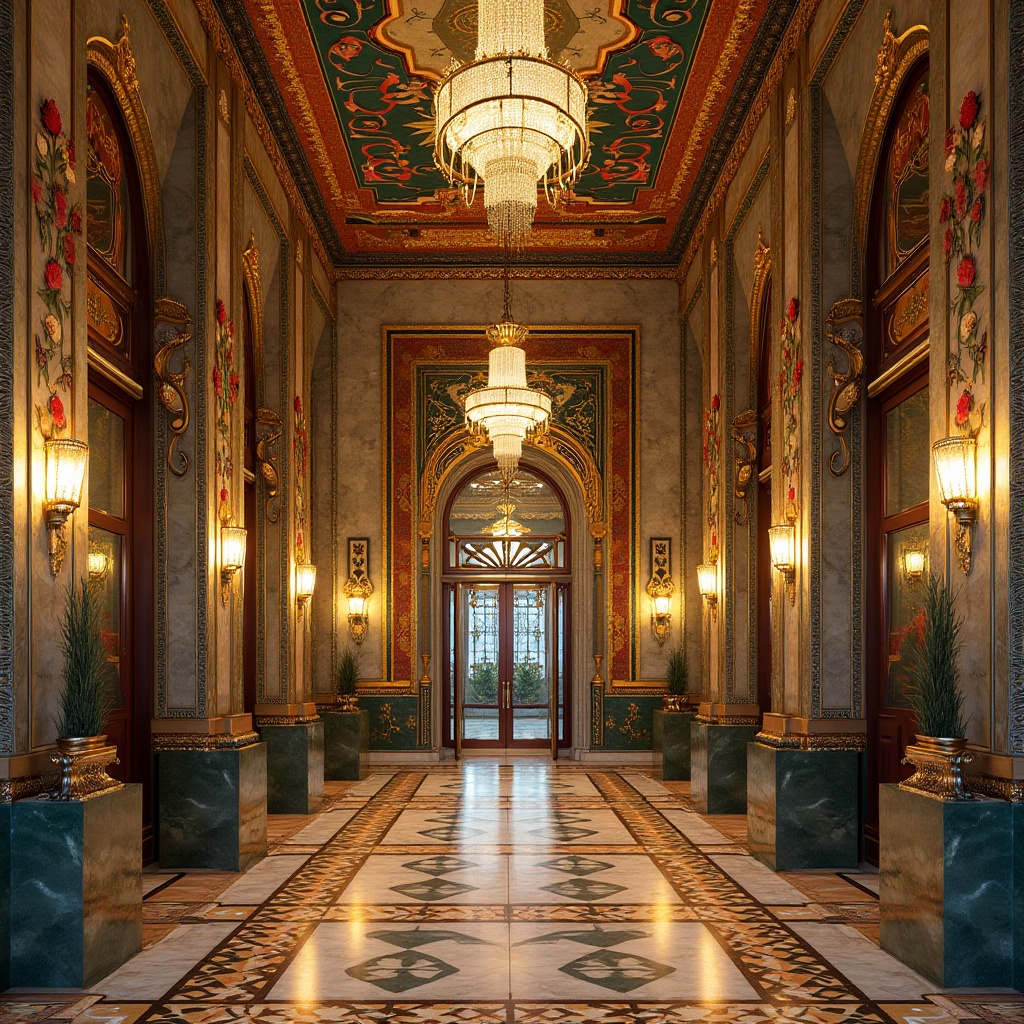 Prompt: Luxurious art deco building, ornate metalwork, intricate geometric patterns, vibrant colorful mosaics, opulent marble columns, grand entranceways, ornamental bronze doors, stylized floral motifs, lavish crystal chandeliers, metallic accents, zigzag patterns, chevron designs, sunburst motifs, luxurious textiles, warm golden lighting, shallow depth of field, 1/2 composition, symmetrical framing, highly detailed textures, ambient occlusion.