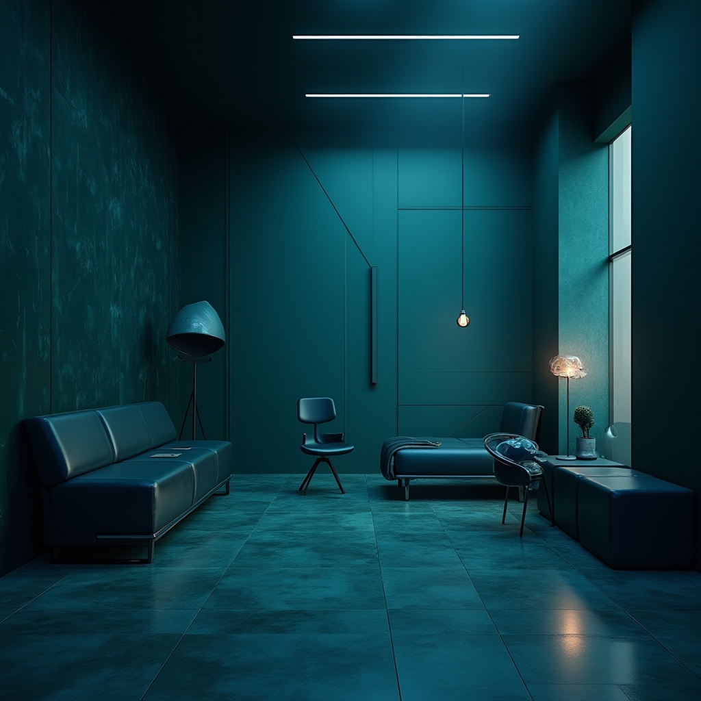 Prompt: Dark cyan walls, sleek metallic accents, modern minimalist decor, low-poly furniture, futuristic lighting fixtures, ambient glow, moody shadows, abstract geometric patterns, 3D visual effects, atmospheric mist, shallow depth of field, cinematic composition, mysterious ambiance, avant-garde design elements, cutting-edge technology integration.