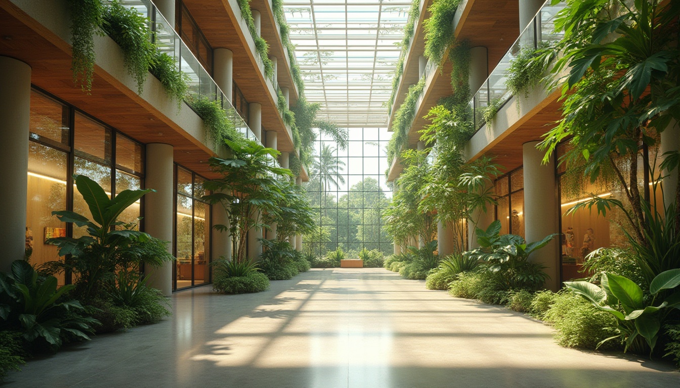 Prompt: Vibrant atrium, lush greenery, abundant natural light, energy-efficient LED fixtures, clerestory windows, skylights, open floor plans, minimalist interior design, earthy color palette, recycled materials, sustainable building practices, warm atmosphere, soft diffused lighting, subtle shadows, 1/2 composition, relaxed ambiance, eco-friendly architecture.