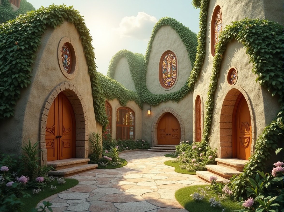 Prompt: Whimsical church facade, undulating curves, natural stone walls, stained glass windows, ornate wooden doors, lush green roofs, meandering pathways, tranquil courtyards, soft warm lighting, gentle shadows, romanticism-inspired architecture, organic forms, fluid lines, free-flowing shapes, earthy color palette, serene ambiance, peaceful atmosphere, subtle texture details, nuanced materiality, 3/4 composition, atmospheric perspective, cinematic lighting, realistic rendering.