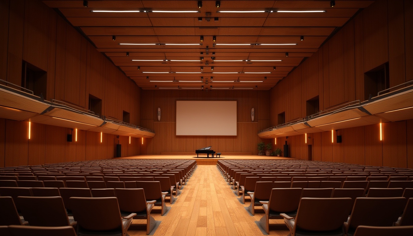 Prompt: Cozy concert hall, wooden flooring, sound-absorbing panels, suspended ceiling, intimate seating arrangement, grand piano, professional stage lighting, warm ambiance, crystal clear acoustics, precise speaker placement, minimal echo, optimal reverberation time, 3-point lighting setup, softbox lights, warm color temperature, comfortable audience chairs, elegant interior design, premium sound equipment, high-fidelity audio systems, accurate sound calibration, immersive auditory experience.