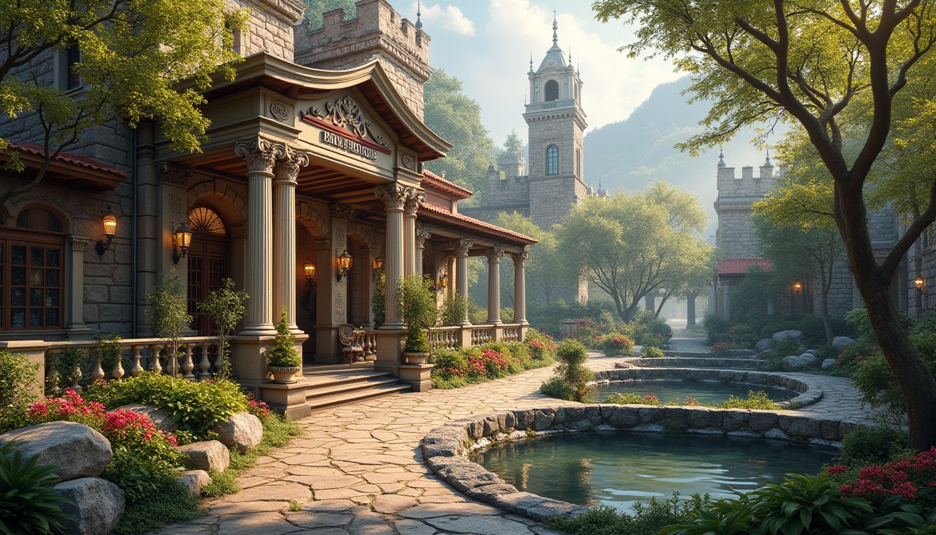 Prompt: Majestic pub facade, classical columns, ornate carvings, rustic stone walls, lush greenery, vibrant flowers, meandering pathways, serene water features, tranquil ponds, majestic trees, sunny day, warm soft lighting, shallow depth of field, 3/4 composition, panoramic view, realistic textures, ambient occlusion, harmonious landscape integration.