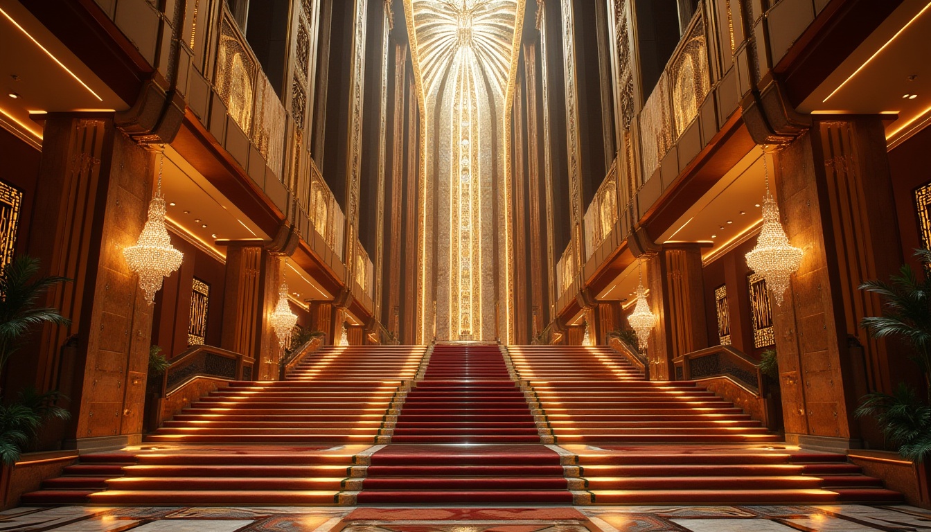 Prompt: Opulent Art Deco skyscraper, metallic materials, ornate geometries, lavish chandeliers, crystal droplets, warm golden lighting, soft focus, dramatic shadows, high-contrast ratios, cinematic flair, grand staircases, luxurious textiles, rich wood tones, intricate inlays, majestic entrance halls, sunburst motifs, chevron patterns, zigzag accents, bold color schemes, metallic leafing, ornate moldings, lavish ornamentation, glamorous ambiance, sophisticated elegance.