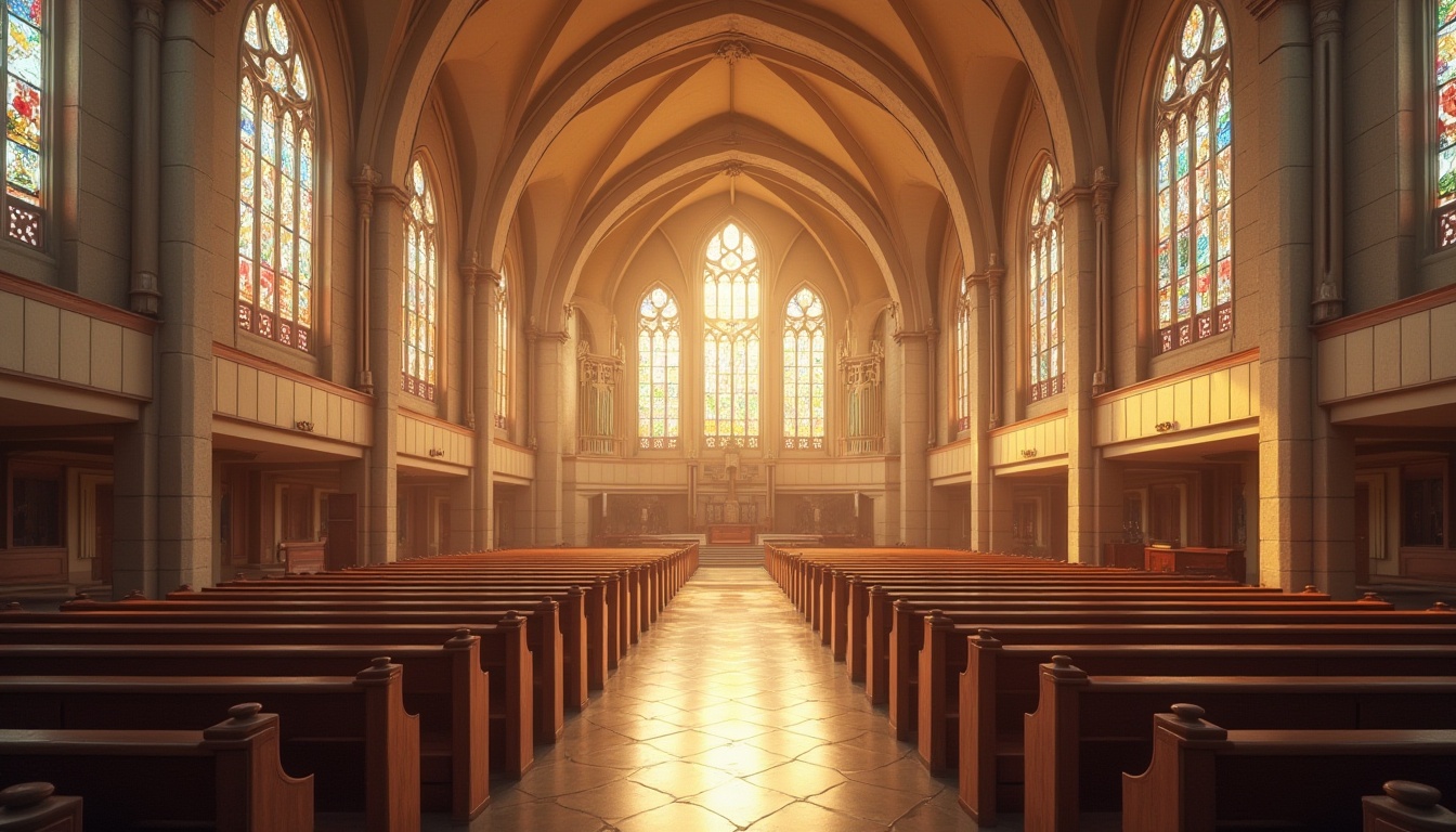 Prompt: Elegant church interior, soaring ceilings, stained glass windows, soft warm lighting, natural stone walls, wooden pews, vibrant colored tapestries, grand organs, minimalist chandeliers, clerestory windows, upper-level walkways, open floor plans, reflective surfaces, diffused light, subtle shadows, serene atmosphere, peaceful ambiance, spiritual connection, heavenly views, symmetrical composition, 1/1 aspect ratio, soft focus, warm color palette.