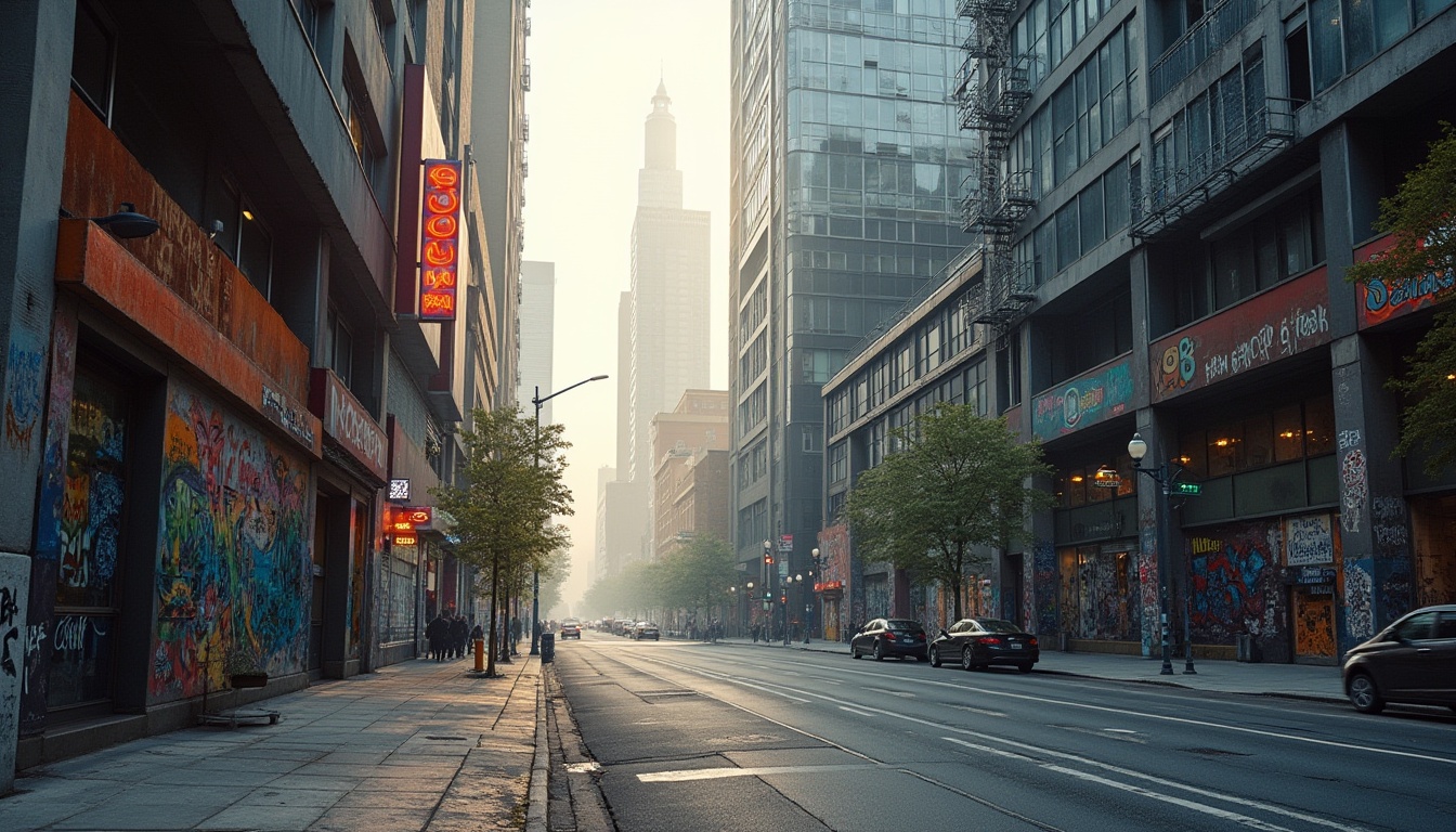 Prompt: Urban cityscape, modern skyscrapers, steel and glass facades, concrete sidewalks, vibrant street art, eclectic graffiti, bustling streets, morning fog, warm golden lighting, shallow depth of field, 2/3 composition, cinematic view, realistic textures, ambient occlusion, muted color palette, deep blues, rich grays, earthy tones, neon accents, metallic sheens, reflective surfaces, industrial materials, reclaimed wood, exposed brick, urban infrastructure, functional design, sustainable architecture.