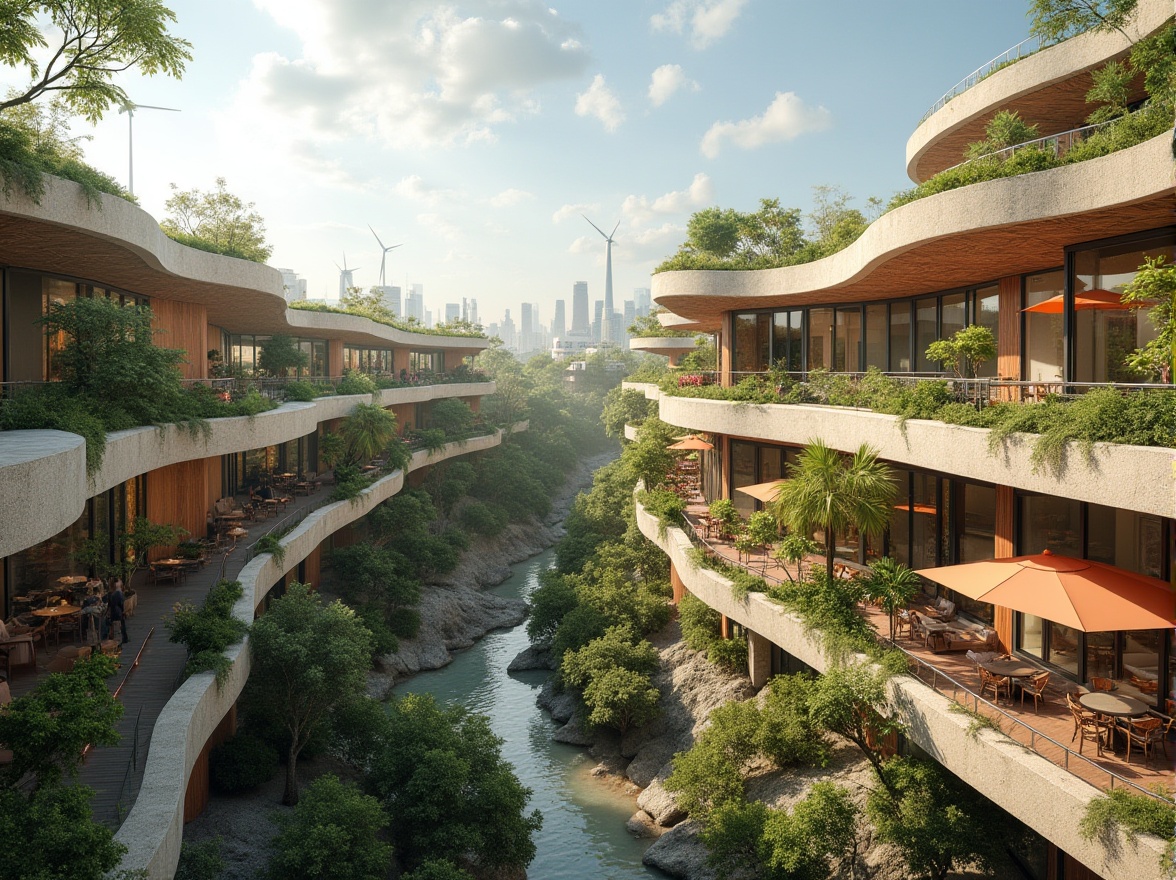 Prompt: Eco-friendly buildings, green roofs, solar panels, wind turbines, rainwater harvesting systems, recycled materials, low-carbon footprint, energy-efficient systems, natural ventilation, large windows, clerestory lighting, organic shapes, curved lines, minimalist design, earthy tones, bamboo flooring, reclaimed wood accents, living walls, urban gardens, rooftop terraces, misting systems, shaded outdoor spaces, water conservation systems, Arabic-inspired patterns, vibrant colorful textiles, intricate geometric motifs.