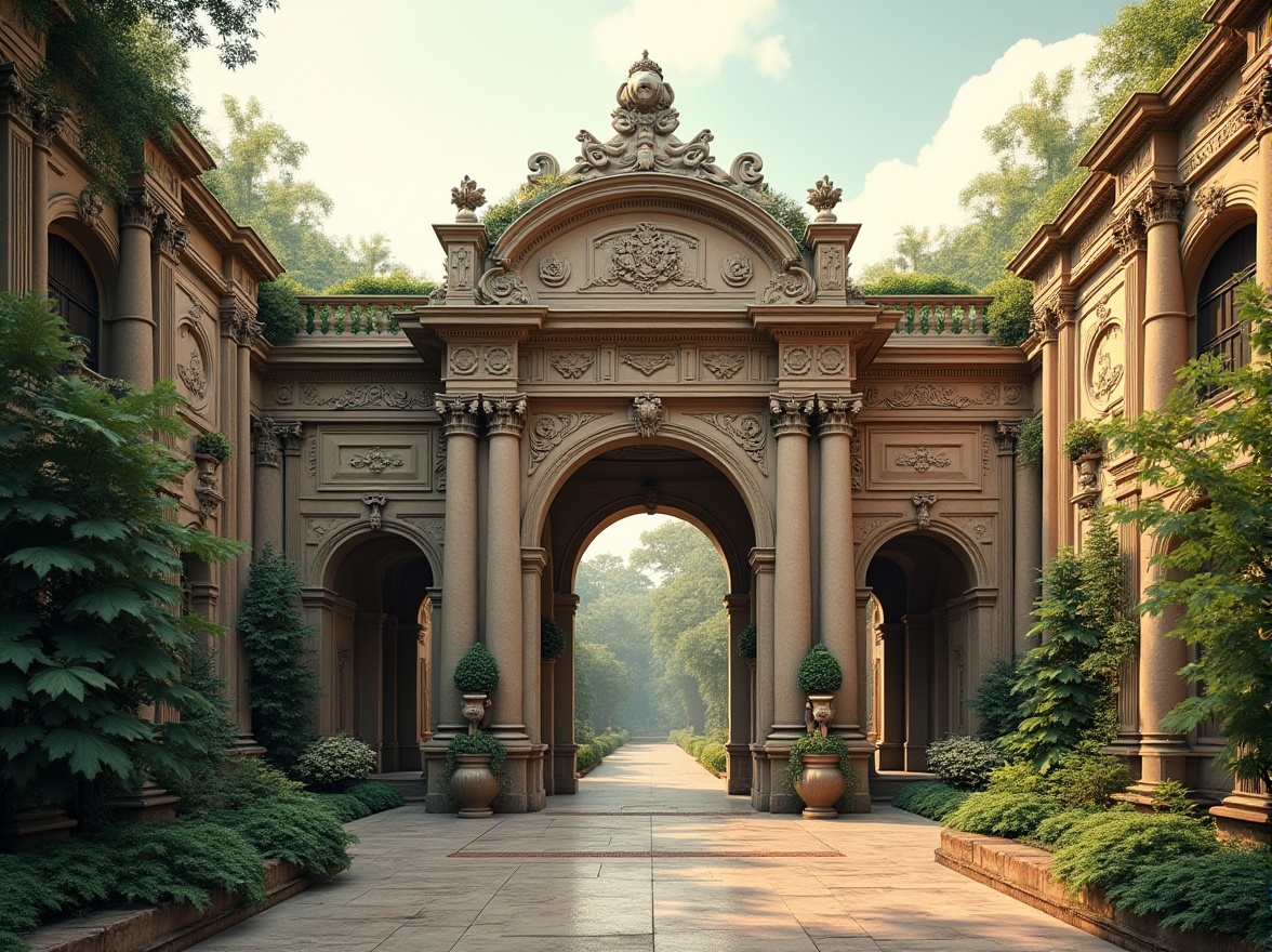 Prompt: Grandiose zoo entrance, ornate stone carvings, classicist columns, symmetrical facades, rusticated quoins, arched windows, decorative cornices, verdant rooftop gardens, naturalistic animal sculptures, earthy color palette, warm golden lighting, subtle texture details, 1/2 composition, atmospheric perspective, realistic foliage, intricate stone patterns.