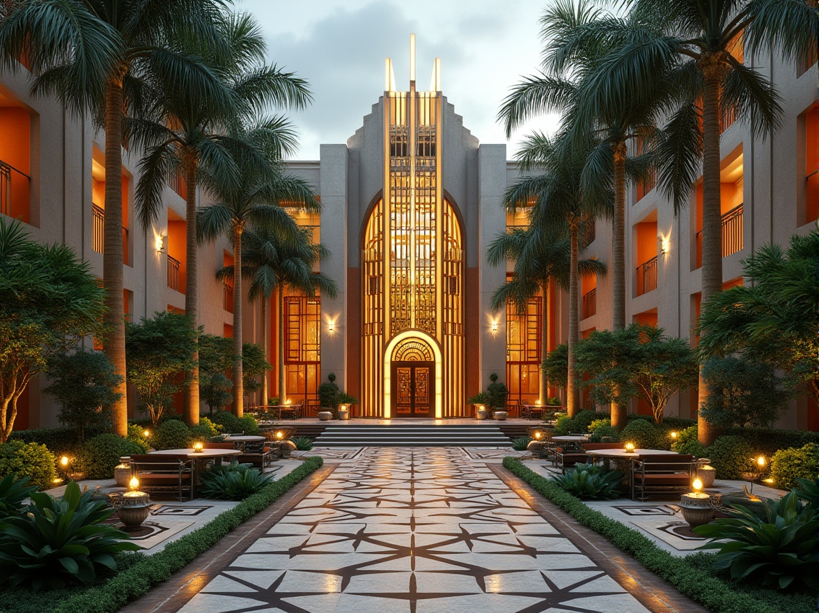 Prompt: Luxurious Art Deco building facade, ornate metalwork details, symmetrical gardens, manicured lawns, vibrant tropical plants, palm trees, geometric-patterned pathways, intricate stone inlays, grand entranceways, sweeping staircases, luxurious outdoor furniture, bold color schemes, metallic accents, ornate lanterns, dramatic uplighting, warm golden lighting, 1/2 composition, shallow depth of field, high-contrast textures.