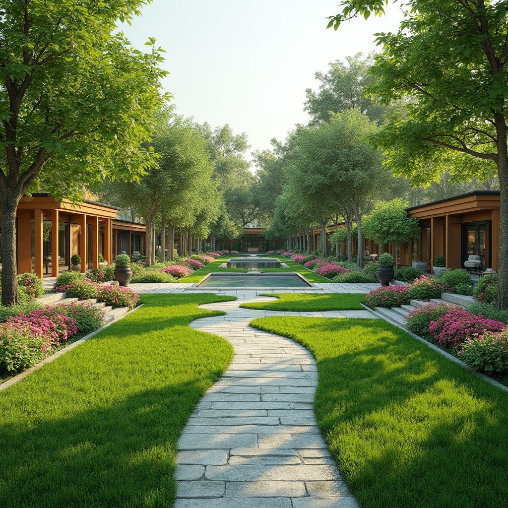 Prompt: Lush green lawns, vibrant flowerbeds, natural stone pathways, meandering water features, ornamental trees, sculptures, outdoor seating areas, pergolas, gazebos, modern landscape architecture, harmonious color schemes, soft warm lighting, shallow depth of field, 3/4 composition, panoramic view, realistic textures, ambient occlusion.