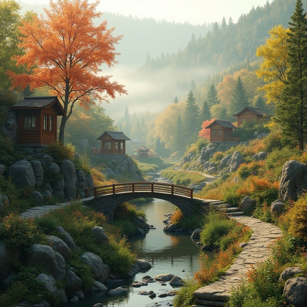 Prompt: Harmonious landscape integration, lush greenery, natural stone walls, curved wooden bridges, meandering streams, water features, rustic gazebos, wildflower fields, vibrant autumn foliage, misty morning atmosphere, soft warm lighting, shallow depth of field, 1/2 composition, panoramic view, realistic textures, ambient occlusion, organic shapes, earthy color palette, sustainable materials, eco-friendly design.