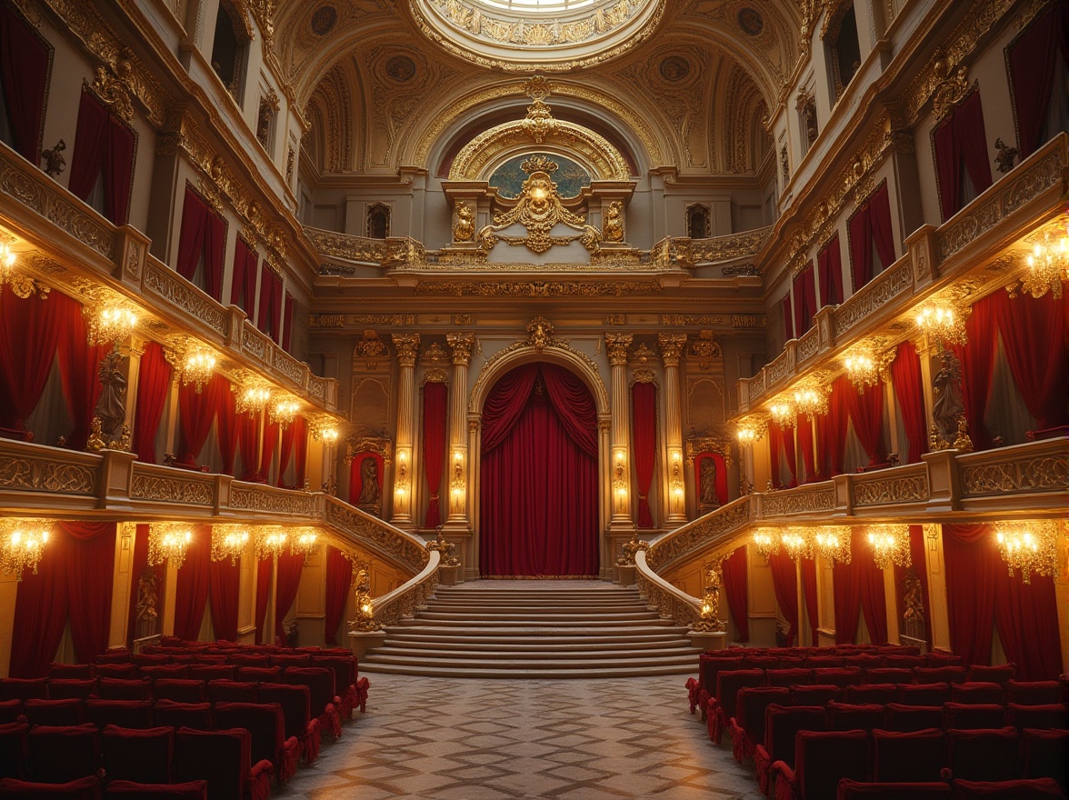 Prompt: Grand opera house, neoclassical facade, ornate columns, intricate stone carvings, symmetrical architecture, grand entrance, sweeping staircases, opulent chandeliers, red velvet curtains, gilded details, majestic domes, imposing archways, classical statues, ornamental balustrades, subtle lighting accents, warm golden tones, shallow depth of field, 1/2 composition, cinematic framing, highly detailed textures, ambient occlusion.