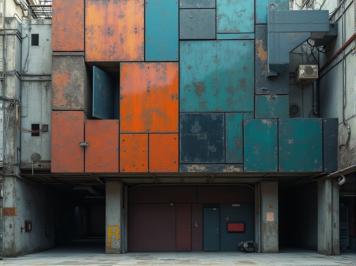 Prompt: Geometric building facade, asymmetrical composition, bold color blocks, abstract shapes, industrial materials, exposed ductwork, concrete columns, metallic beams, functional simplicity, urban cityscape, busy street life, harsh overhead lighting, deep shadows, dramatic contrast, 3/4 camera angle, low-angle shot, cinematic atmosphere, futuristic ambiance.