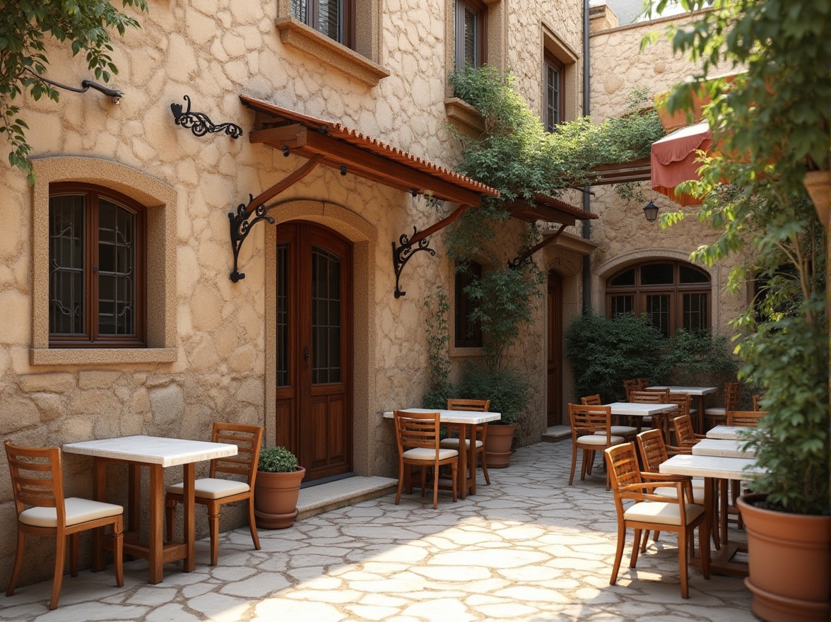 Prompt: Lavacrete building facade, rough-hewn stone walls, earthy tones, natural texture, organic patterns, rustic charm, Mediterranean architecture, warm beige color, outdoor seating areas, potted greenery, ornate metalwork, wooden accents, soft warm lighting, shallow depth of field, 1/1 composition, realistic render.