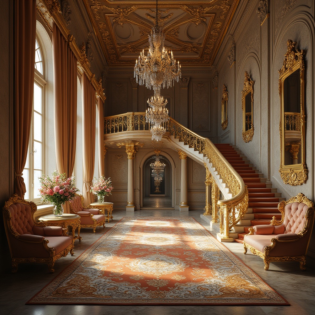 Prompt: Ornate Baroque palace, intricately carved stone walls, gilded details, lavish furnishings, velvet drapes, ornamental mirrors, crystal chandeliers, polished marble floors, grand staircases, sweeping archways, textured stucco ceilings, richly patterned rugs, golden accents, dramatic lighting, soft focus, atmospheric perspective, 1/2 composition, warm color palette, detailed normal maps.