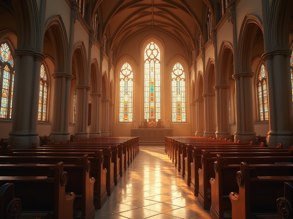 Prompt: Serene church interior, stunning stained glass windows, soft warm natural lighting, subtle shadows, elegant arches, ornate columns, vaulted ceilings, intricate stone carvings, polished wooden pews, peaceful ambiance, morning sunlight, diffused afternoon light, dramatic evening illumination, shallow depth of field, 1/2 composition, symmetrical framing, realistic textures, ambient occlusion.