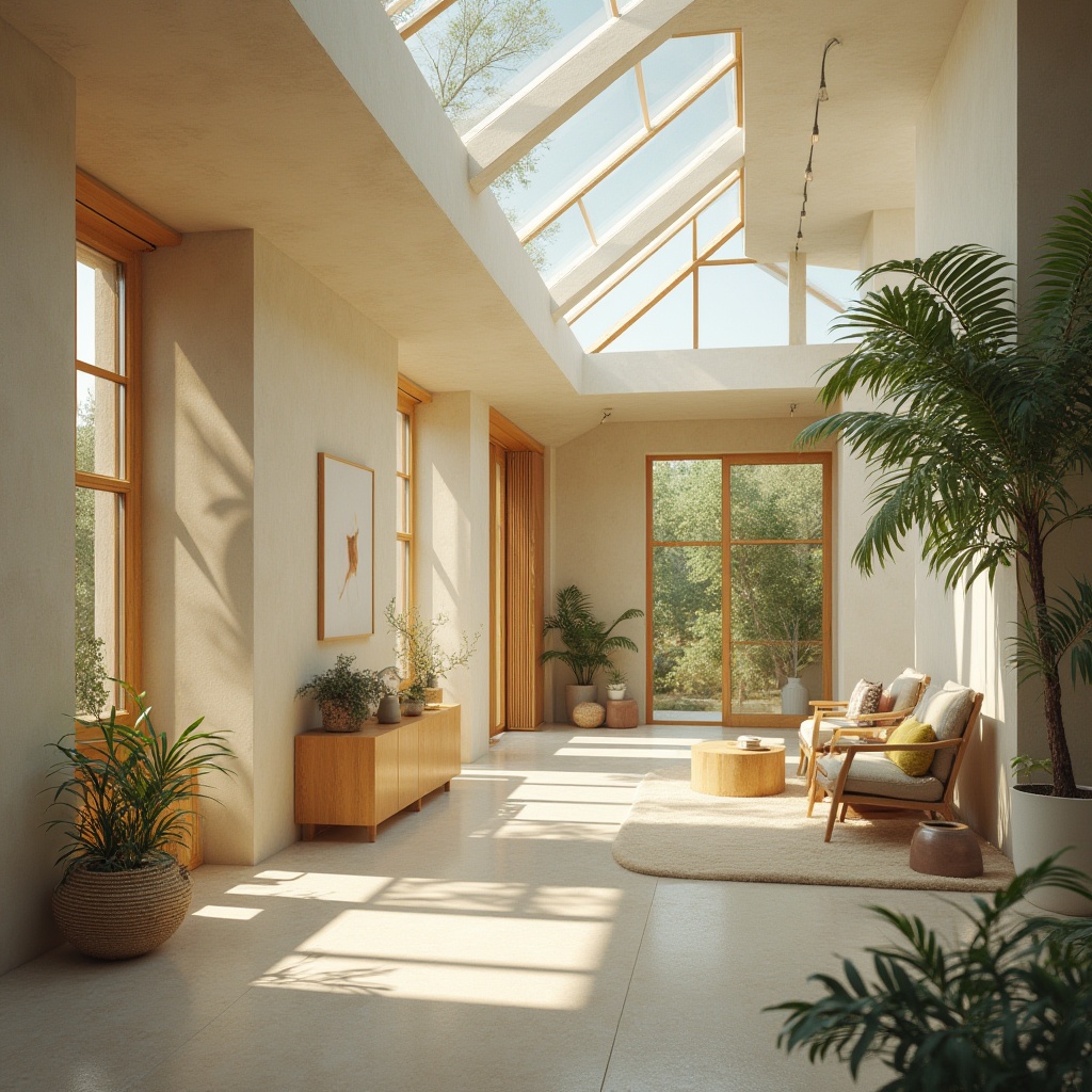 Prompt: Serene interior spaces, abundant natural light, clerestory windows, skylights, solar tubes, bright airy atmosphere, energy-efficient solutions, sustainable design, eco-friendly materials, minimal artificial lighting, soft warm glow, gentle shadows, comfortable ambient temperature, automated shading systems, reflective surfaces, minimalist decor, organic textures, earthy color palette, calm relaxing ambiance.