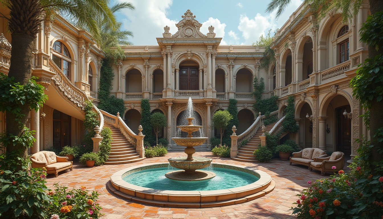 Prompt: Ornate Baroque-style mansion, grandiose fa\u00e7ade, sweeping staircases, opulent furnishings, lavish decorations, intricate moldings, ornamental fountains, majestic courtyard, lush greenery, vibrant flowers, serene water features, natural stone walkways, rustic brick walls, curved lines, dramatic lighting, warm color palette, rich textiles, luxurious fabrics, 3/4 composition, symmetrical balance, panoramic view, realistic textures, ambient occlusion.