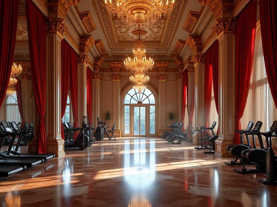 Prompt: Ornate fitness club, grandiose chandeliers, rich velvet drapes, gilded mirrors, intricate moldings, ornamental columns, luxurious marble floors, dramatic lighting effects, intense workout spaces, state-of-the-art exercise equipment, mirrored walls, high ceilings, regal color schemes, bold architectural details, dynamic shadows, 1/1 composition, shallow depth of field, warm vibrant atmosphere.