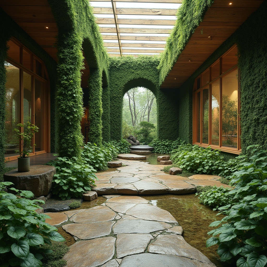 Prompt: Lush green walls, natural stone floors, reclaimed wood accents, living plants, organic shapes, earthy color palette, abundant natural light, clerestory windows, skylights, solar tubes, water features, small ponds, indoor gardens, botanical patterns, eco-friendly materials, sustainable design solutions, minimal ornamentation, seamless transitions, soft warm lighting, shallow depth of field, 3/4 composition, panoramic view, realistic textures, ambient occlusion.