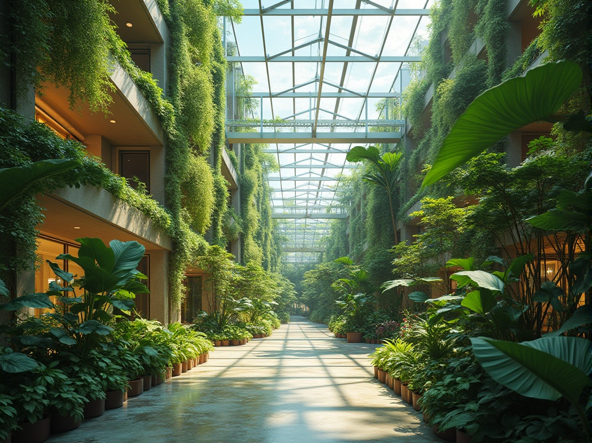 Prompt: Vibrant atrium, abundant natural light, lush greenery, vertical gardens, transparent glass roof, clerestory windows, minimal obstruction, open floor plan, bright airy spaces, soft diffused illumination, warm color temperature, low shadow areas, subtle gradations, nuanced contrast, 1/2 composition, shallow depth of field, realistic textures, ambient occlusion.