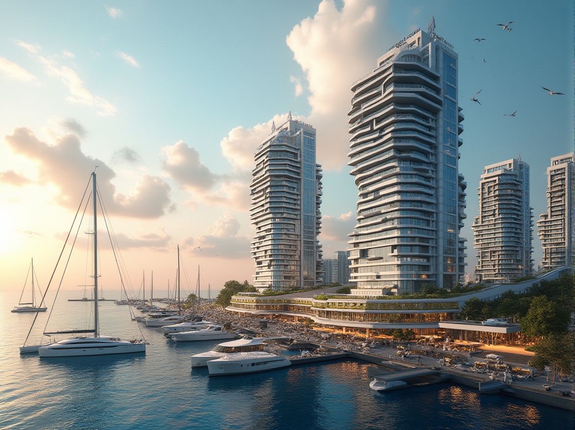 Prompt: Futuristic waterfront towers, sleek metallic fa\u00e7ades, glass balconies, ocean views, bustling marina, sailboats, yachts, seagulls, sunset reflections, warm golden lighting, shallow depth of field, 1/1 composition, symmetrical architecture, minimalist design, sustainable energy solutions, wind turbines, green roofs, eco-friendly materials, innovative cooling technologies, shaded outdoor spaces, misting systems, nautical-inspired decorations, vibrant blue textiles, intricate wave patterns.