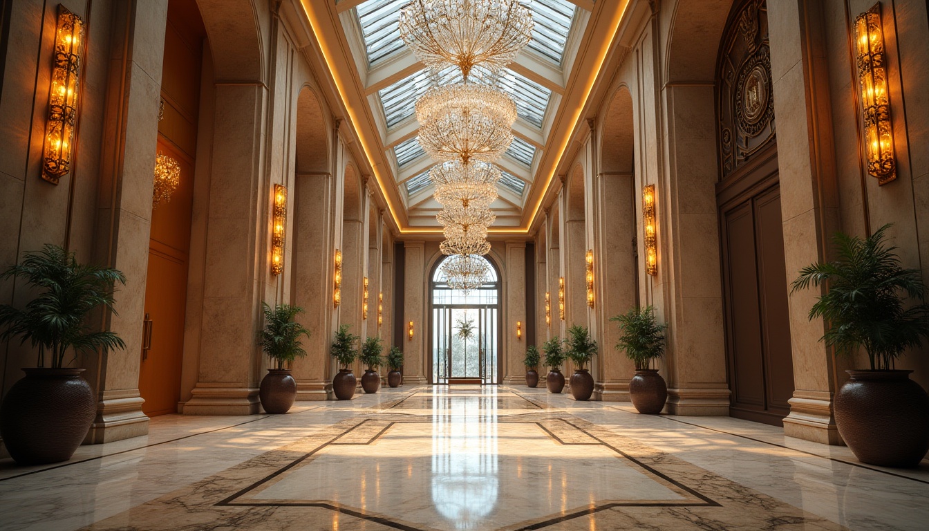 Prompt: Grand entrance, symmetrical composition, elegant archways, ornate columns, luxurious materials, marble floors, crystal chandeliers, gold accents, modern minimalist lines, sleek glass surfaces, cantilevered canopies, dramatic LED lighting, shallow depth of field, 2/3 composition, low-angle shot, cinematic atmosphere, high-contrast colors, sophisticated textures, ambient occlusion.