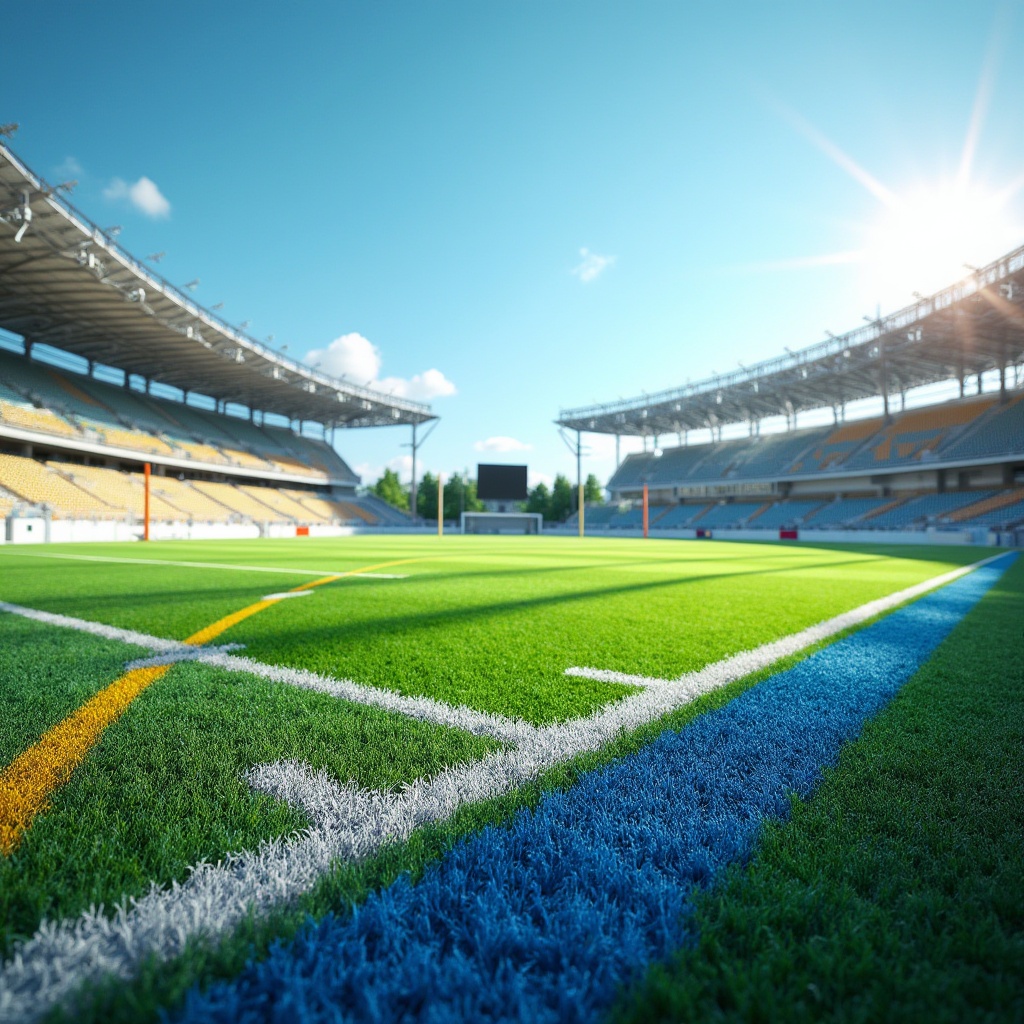 Prompt: Vibrant sports field, lush green grass, bright white markings, bold blue lines, energetic yellow accents, dynamic orange goalposts, sturdy metal fences, sleek athletic tracks, modern stadium architecture, sunny day, clear blue sky, dramatic shadows, shallow depth of field, 3/4 composition, panoramic view, realistic textures, ambient occlusion.