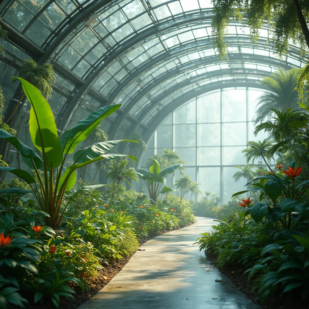 Prompt: Futuristic greenhouse, lush tropical plants, misty atmosphere, iridescent glass walls, curved metal framework, sustainable energy systems, solar panels, green roofs, rainwater harvesting, natural ventilation, organic fertilizer systems, hydroponic farming, automated irrigation, ambient occlusion, soft warm lighting, shallow depth of field, 3/4 composition, panoramic view, realistic textures, vibrant colorful accents, intricate geometric patterns, serene ambiance, futuristic furniture, minimalist design.