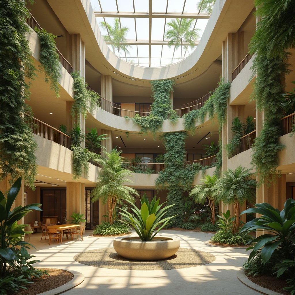 Prompt: \Tropical office building, open-air atrium, lush green walls, natural ventilation systems, clerestory windows, solar tubes, wind catchers, breezeway corridors, operable windows, insect screens, shading devices, overhangs, cross-ventilation strategies, internal courtyard, water features, misting systems, warm beige tones, earthy textures, organic forms, curved lines, minimalist decor, soft natural lighting, 1/1 composition, shallow depth of field, realistic materials.\