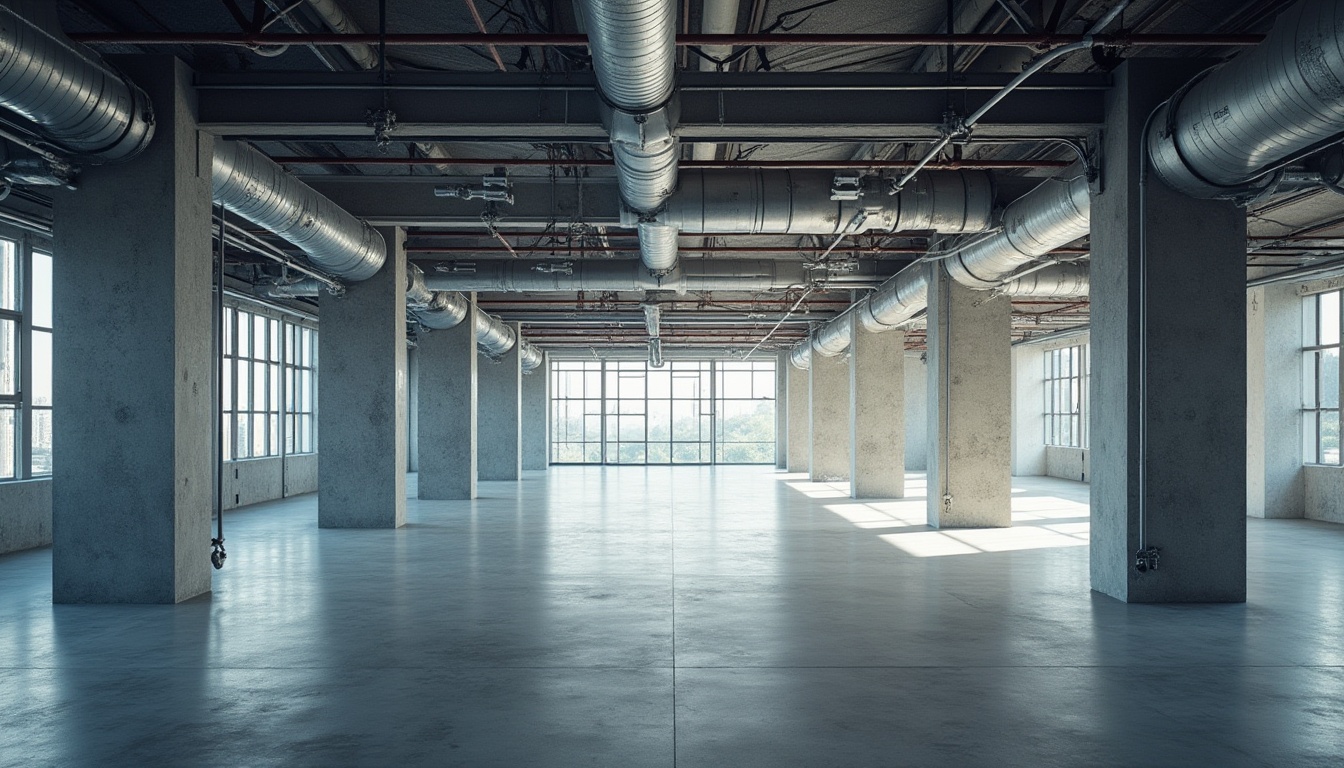 Prompt: Intricate steel beams, exposed ductwork, polished concrete floors, industrial-style lighting, minimalist interior design, open-plan layout, functional columns, sleek metal railings, modern urban atmosphere, bright natural light, shallow depth of field, 3/4 composition, high-angle shot, realistic textures, ambient occlusion.