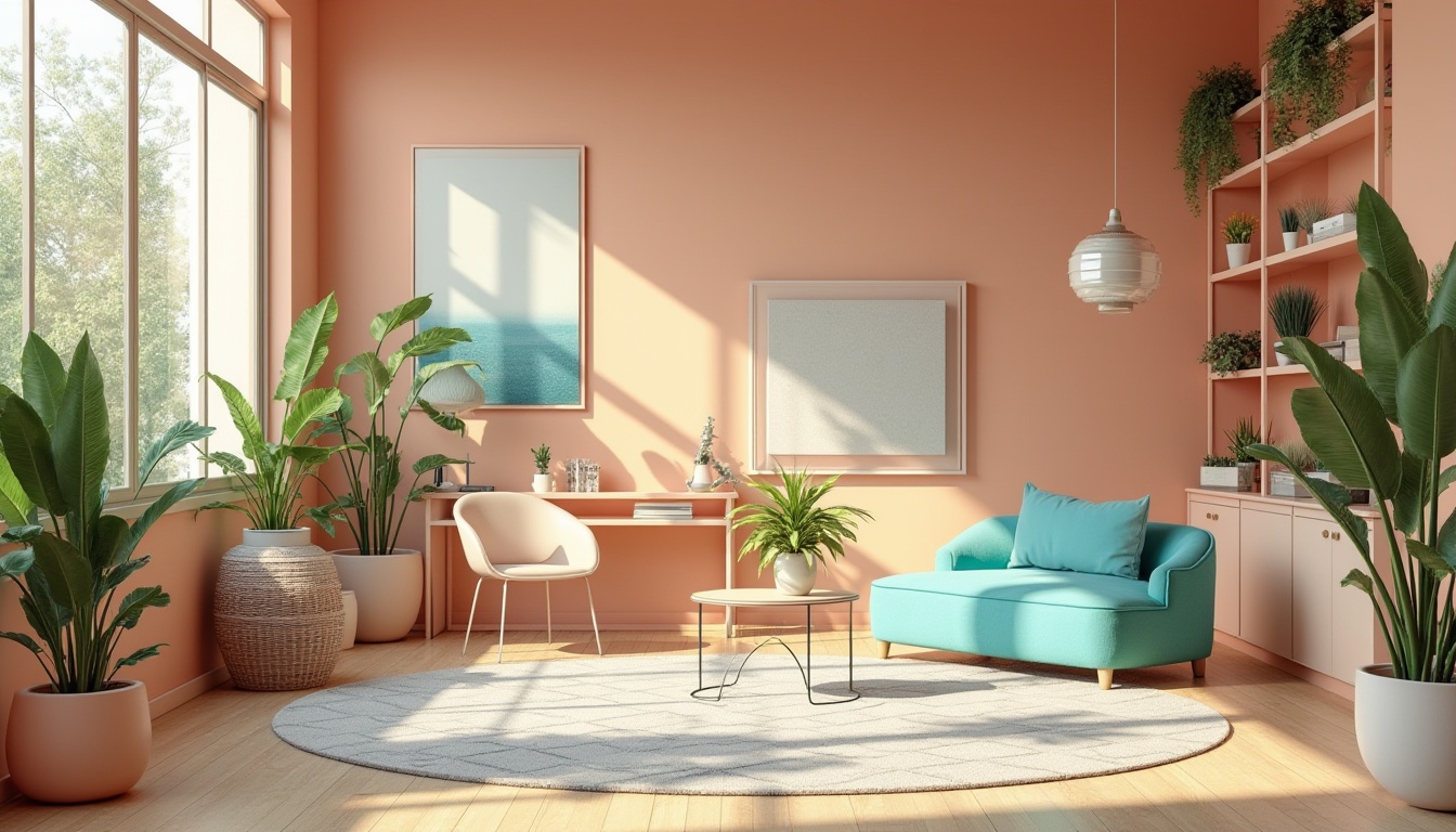 Prompt: Vibrant design studio, modern minimalist workspace, sleek metallic accents, pastel color scheme, soft peach walls, rich turquoise furniture, creamy white desks, geometric patterned rugs, natural wood floors, abundant greenery, floor-to-ceiling windows, warm sunny lighting, shallow depth of field, 3/4 composition, realistic textures, ambient occlusion.