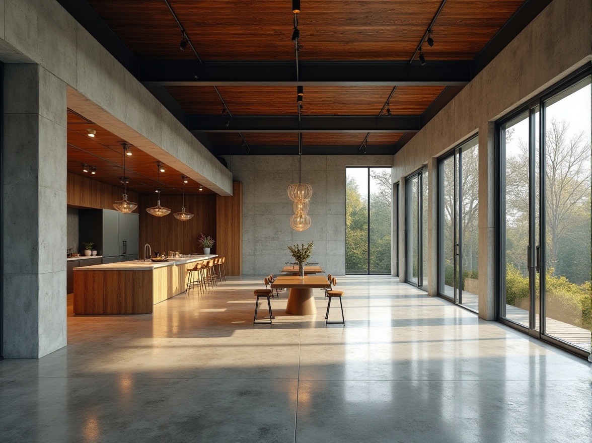 Prompt: Exposed concrete walls, polished steel beams, reclaimed wooden accents, industrial chic atmosphere, modern minimalist aesthetic, sleek glass facades, cantilevered roofs, open floor plans, natural ventilation systems, abundant daylighting, soft warm lighting, shallow depth of field, 3/4 composition, panoramic view, realistic textures, ambient occlusion.