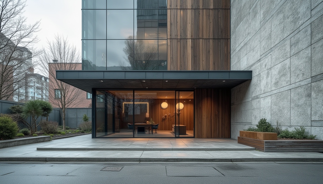 Prompt: Modern building facade, sleek glass surfaces, reflective metallic materials, weathered concrete textures, rough stone walls, smooth wooden accents, industrial chic aesthetic, urban cityscape, overcast sky, soft natural lighting, shallow depth of field, 3/4 composition, panoramic view, realistic reflections, ambient occlusion.