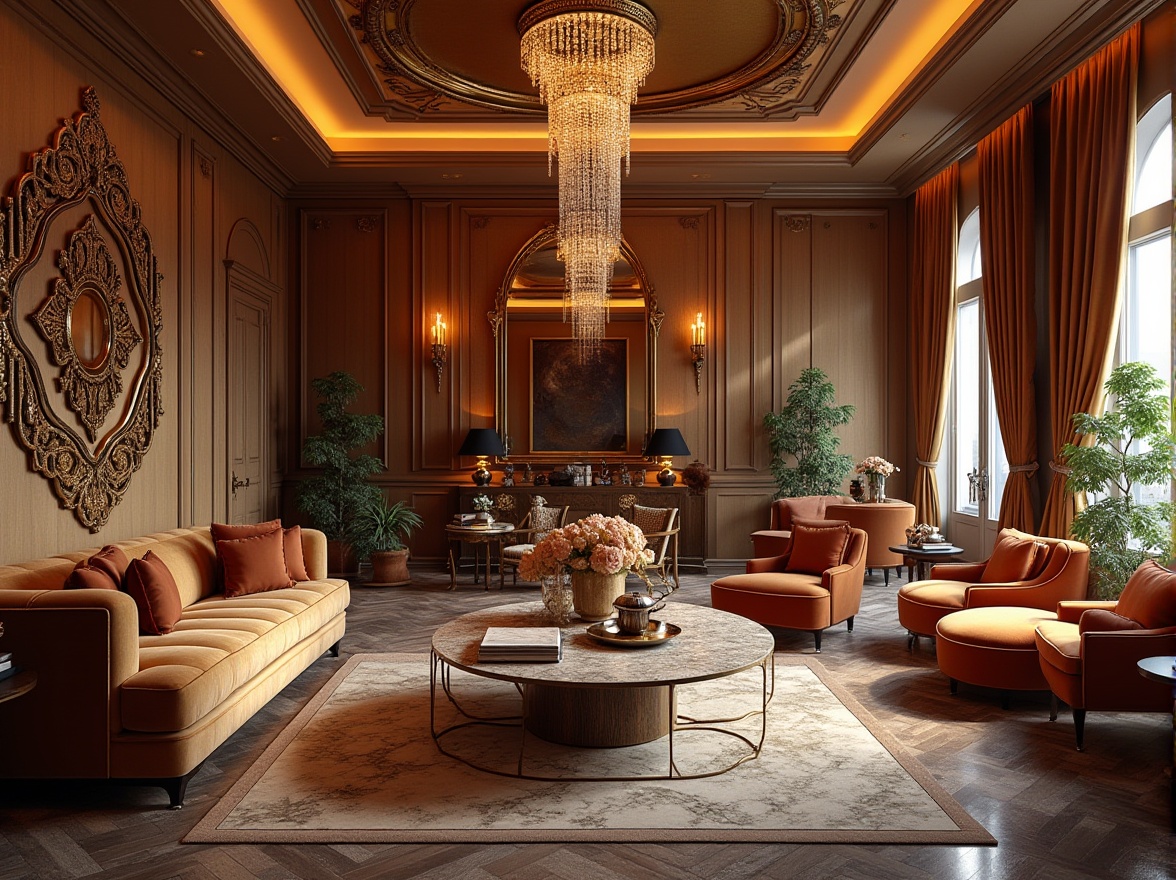 Prompt: Luxurious living room, bold geometric patterns, metallic accents, ornate mirrors, velvet sofas, marble coffee tables, crystal chandeliers, rich wood paneling, lavish drapery, sunburst motifs, chevron flooring, opulent textiles, glamorous ambiance, warm golden lighting, shallow depth of field, 1/1 composition, realistic reflections.