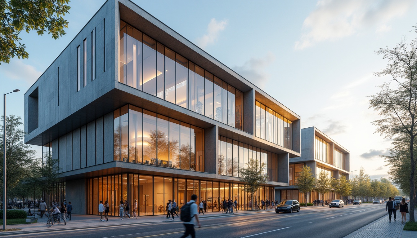 Prompt: Modern library facade, large glass windows, minimalist steel frames, cantilevered roofs, asymmetrical compositions, bold color schemes, geometric patterns, futuristic LED lighting, sleek metal cladding, natural stone bases, urban cityscape, bustling streets, pedestrians walking, vehicles passing by, soft afternoon sunlight, shallow depth of field, 2/3 composition, realistic textures, ambient occlusion.