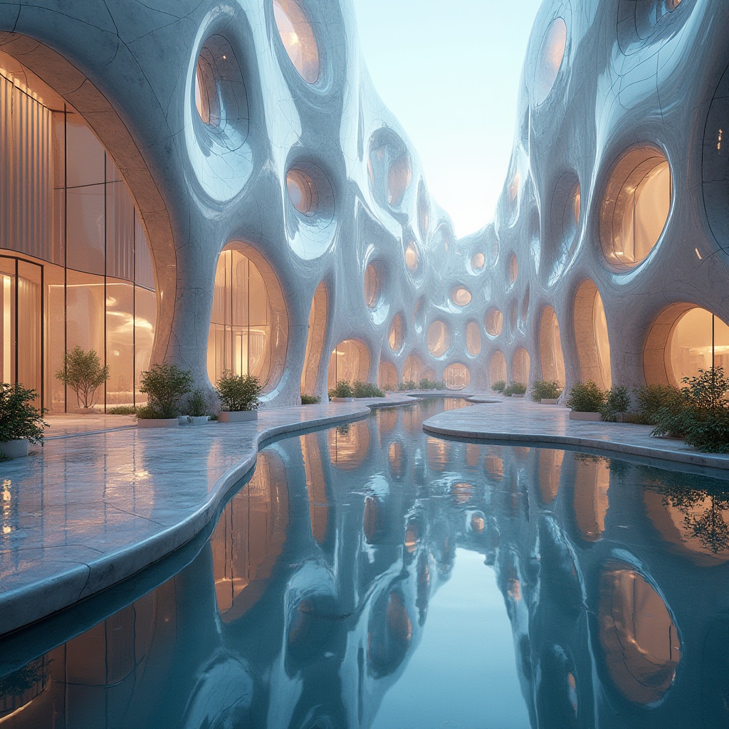 Prompt: Curved translucent facades, iridescent colors, undulating patterns, futuristic architecture, sleek metallic frames, glassy reflections, subtle shading, soft warm lighting, shallow depth of field, 3/4 composition, panoramic view, realistic textures, ambient occlusion.