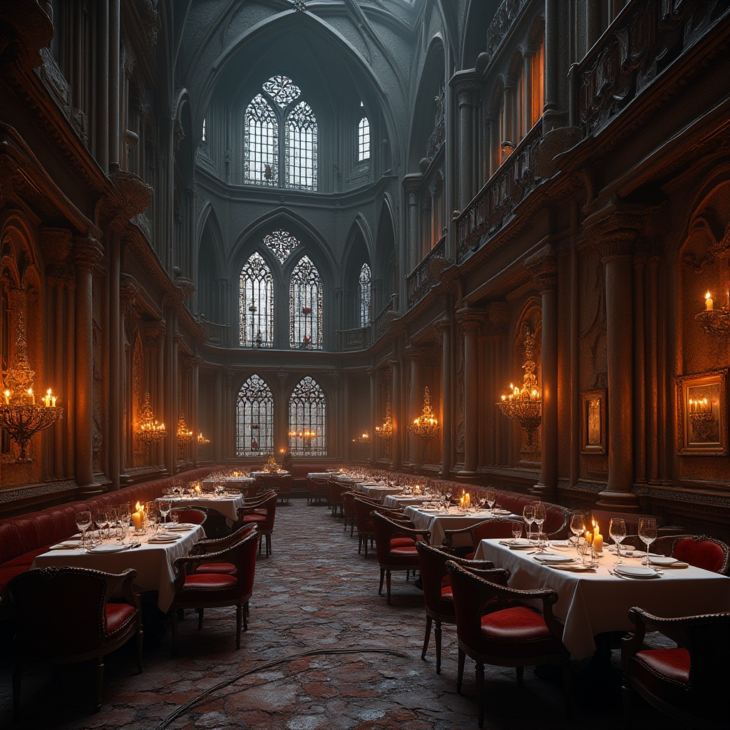 Prompt: Ornate gothic restaurant, intricate stone carvings, grandiose arches, stained glass windows, pointed towers, dramatic lighting, mystical atmosphere, luxurious velvet curtains, dark wood accents, ornamental metalwork, rustic stone walls, medieval-inspired furniture, lavish chandeliers, mysterious ambiance, warm candlelight, shallow depth of field, 1/1 composition, symmetrical view, detailed textures, ambient occlusion.