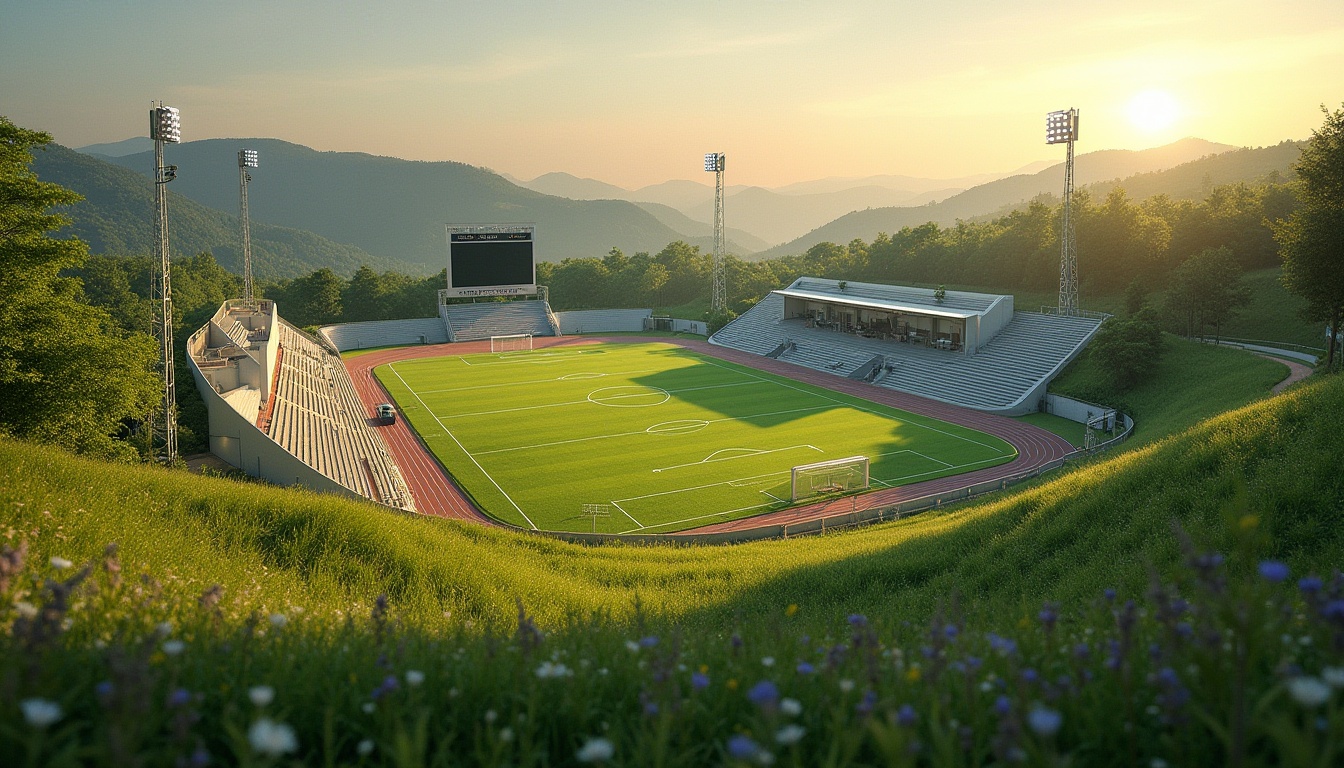 Prompt: Natural grassy terrain, rolling hills, athletic tracks, sports stadiums, grandstands, bleachers, scoreboard displays, floodlighting, evening ambiance, warm sunset glow, shallow depth of field, 3/4 composition, panoramic view, realistic textures, ambient occlusion, vibrant green fields, white goalposts, netting systems, soccer balls, tennis courts, basketball hoops, baseball diamonds, athletic equipment storage, locker rooms, team benches, scoreboard displays, sports-themed signage, rustic wood fences, meandering pathways, blooming wildflowers, sunny day.