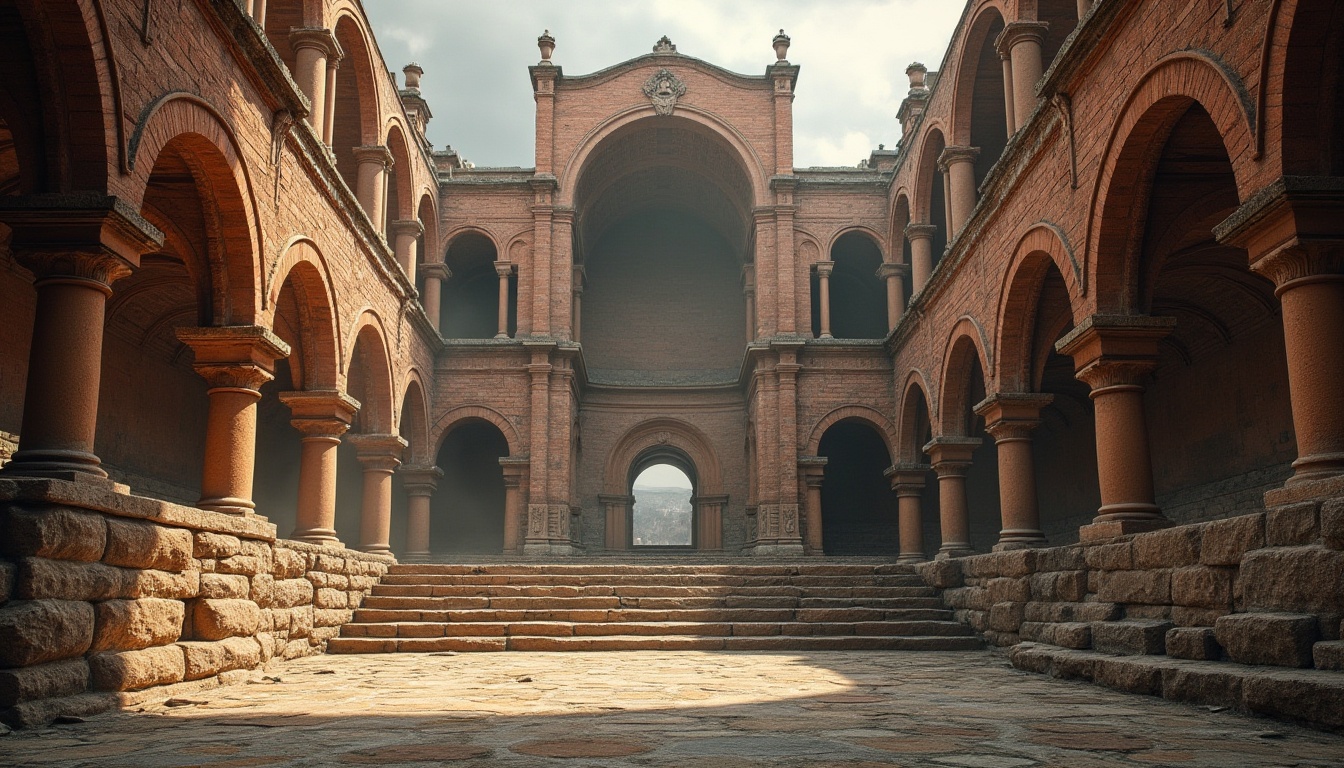 Prompt: Ancient Romanesque amphitheater, grandiose arches, robust stone columns, ornate capitals, tiered seating, semi-circular layout, grand entrance gates, rustic stonework, weathered brick facades, imposing vaulted ceilings, dramatic lighting, warm earthy tones, atmospheric misting, 1/2 composition, low-angle shot, realistic textures, ambient occlusion.