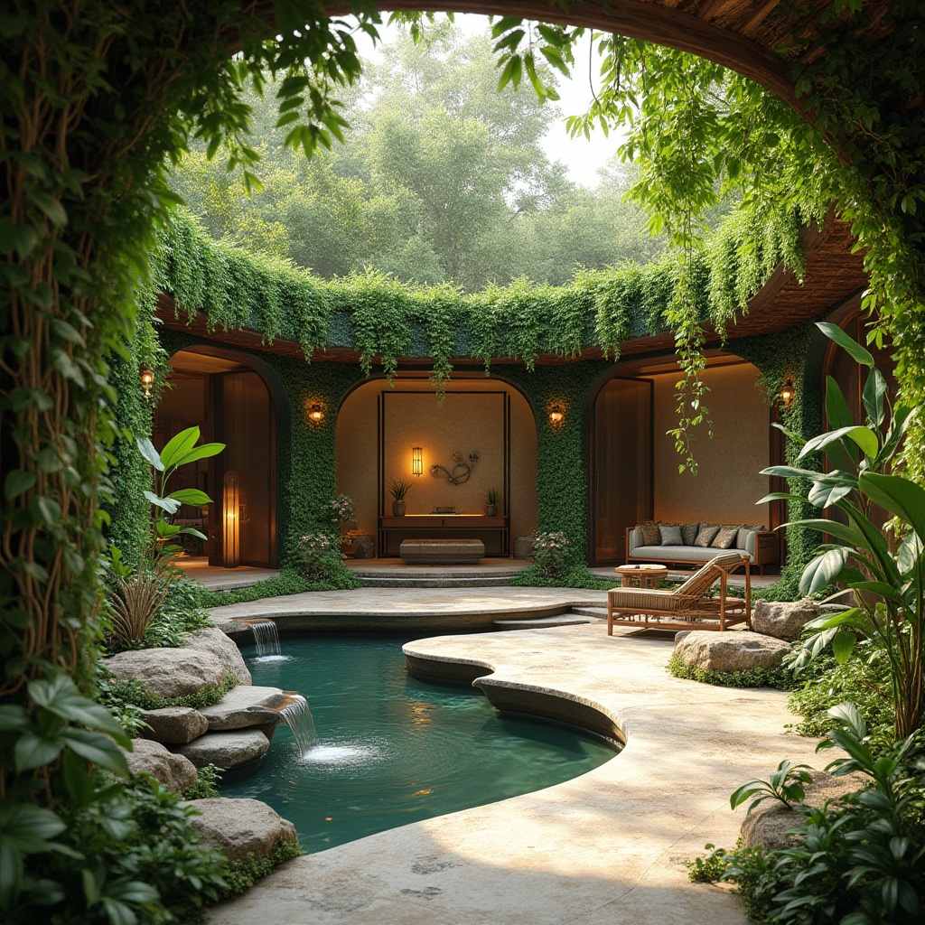 Prompt: Lush green walls, organic shapes, natural materials, reclaimed wood accents, living roofs, verdant gardens, floor-to-ceiling windows, sliding glass doors, minimal ornamentation, earthy color palette, soft diffused lighting, warm atmosphere, cozy nooks, curved lines, biometric patterns, botanical prints, nature-inspired textiles, soothing water features, small waterfalls, rustic stone floors, wooden beam ceilings, abundant natural light, warm beige tones, serene ambiance, 3/4 composition, realistic textures, ambient occlusion.