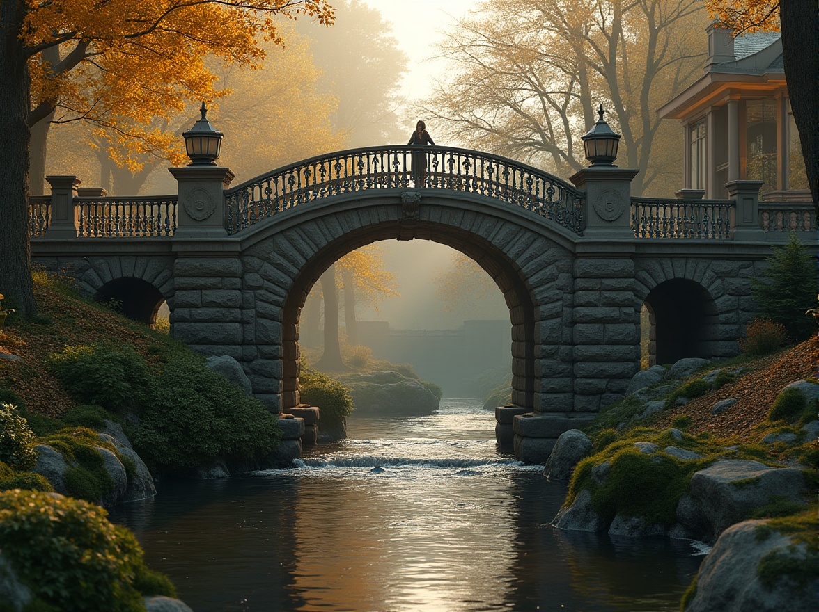 Prompt: Rustic stone bridges, ornate metal railings, grand arches, symmetrical composition, warm golden lighting, misty morning atmosphere, serene campus setting, lush greenery surroundings, gentle water flow, traditional academic architecture, sturdy column supports, classic keystone details, weathered wooden accents, moss-covered stonework, subtle texture variations, realistic material responses, cinematic camera angles, 2.35