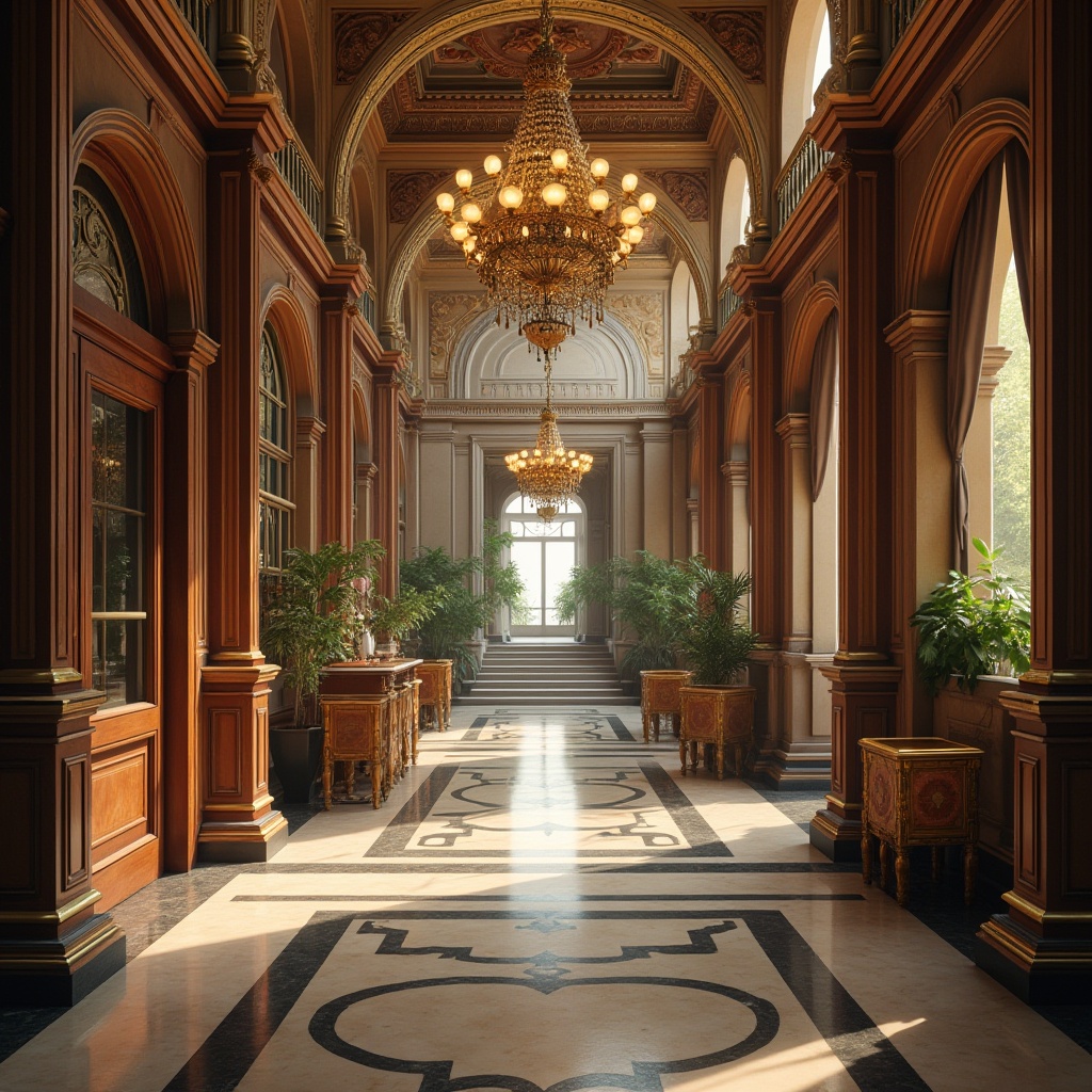 Prompt: Intricate architectural details, ornate facades, grand entranceways, polished marble floors, decorative metalwork, ornamental railings, lavish chandeliers, luxurious textiles, rich wood tones, stately columns, regal archways, sophisticated molding, refined ornateness, dramatic lighting effects, warm ambient glow, shallow depth of field, 1/2 composition, realistic textures, ambient occlusion.